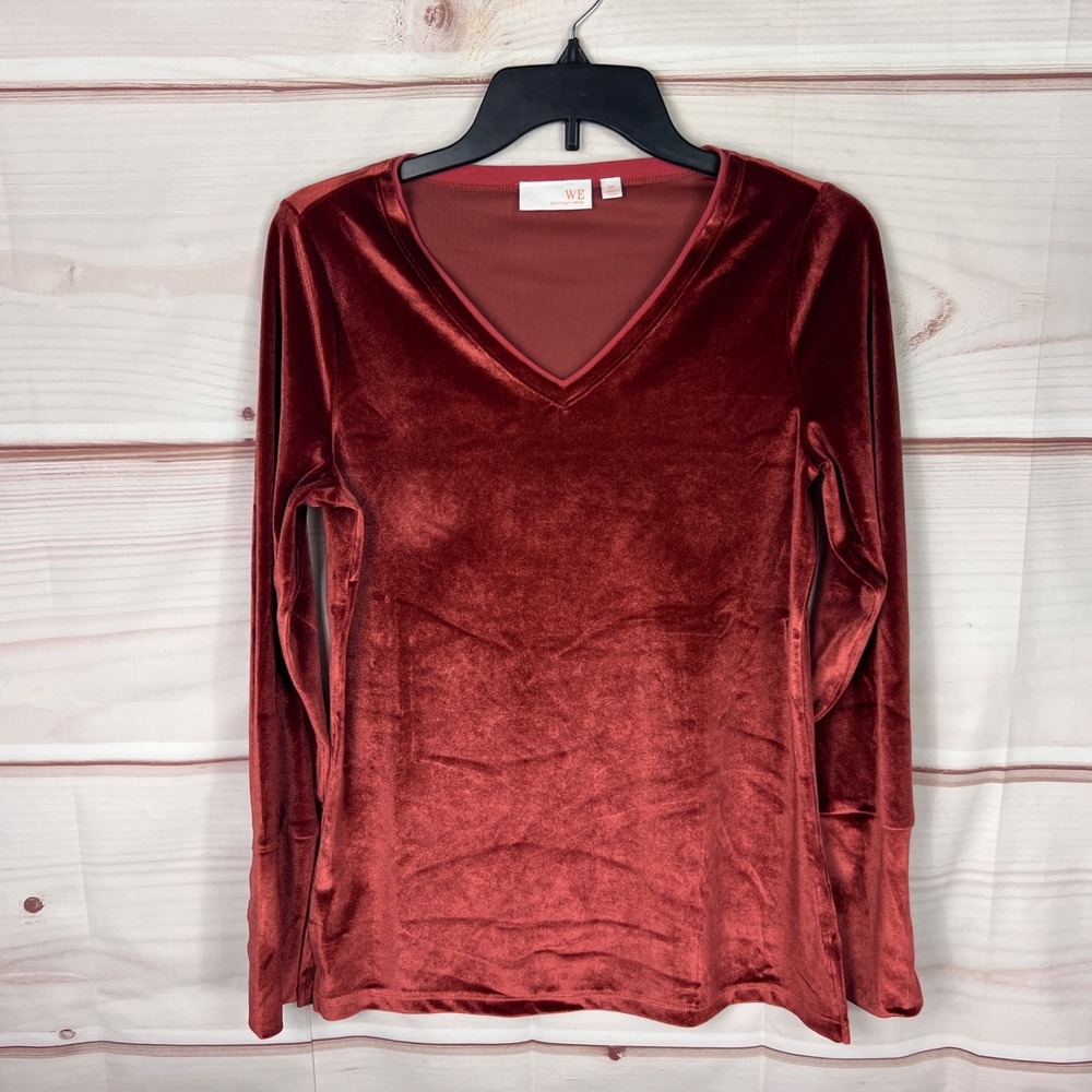WE By Living in Yellow Top Womens XS Brown Velvet Blouse V-Neck Pullover Stretch